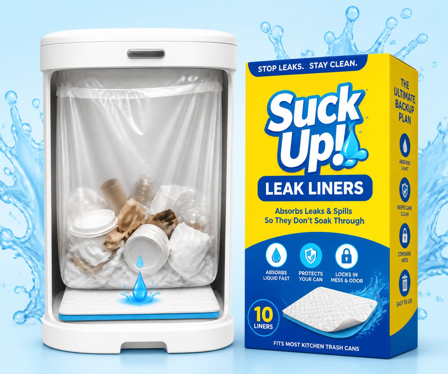 Suck Up! Leak Liners in a kitchen trash can